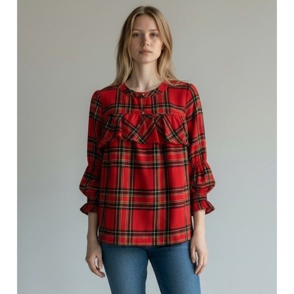 J. Crew Ruffle Red Tartan Plaid Flannel Popover Top Women's M 100% Cotton Preppy
